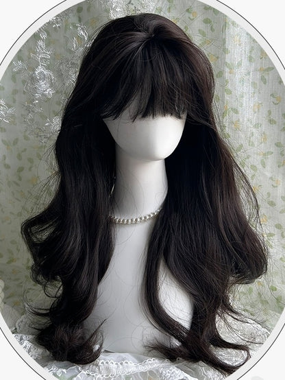 Schwarze, hüftlange, gewellte Kunsthaarperücke mit Pony