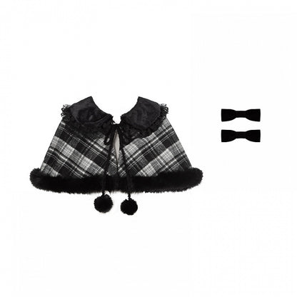 Trim Cape Lace Plush Winter Lolita and Fur with Reversible Pattern Plaid