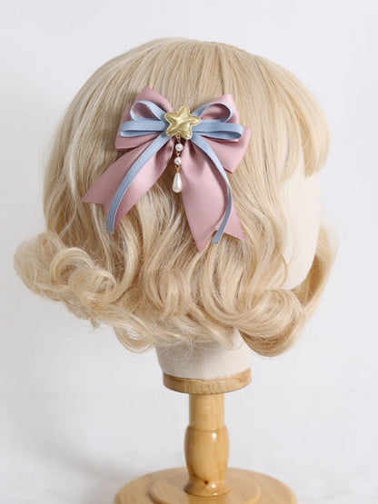 Blue Dusty Hairclip with Cute Star / Bead Pink Bowknot Charms