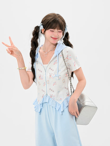 ジップアップフード付きキュートなキティプリントカーブヘムレースブルートリムTシャツ