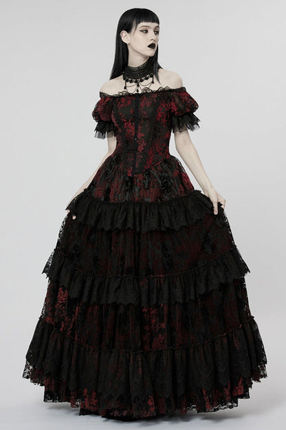 Short Puff Sleeves Print Ruffle Lace Women's Gothic Dress