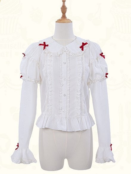 Sleeves Ruffled with Lolita Blouse White Bow Red Accents Long