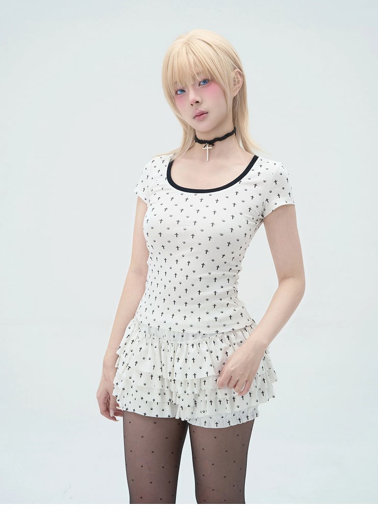 Pastel Gothic White Allover Cat Paw and Cross Print Tiered Ruffles Skort