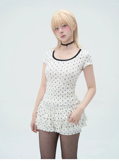 Pastel Gothic White Allover Cat Paw and Cross Print Tiered Ruffles Skort