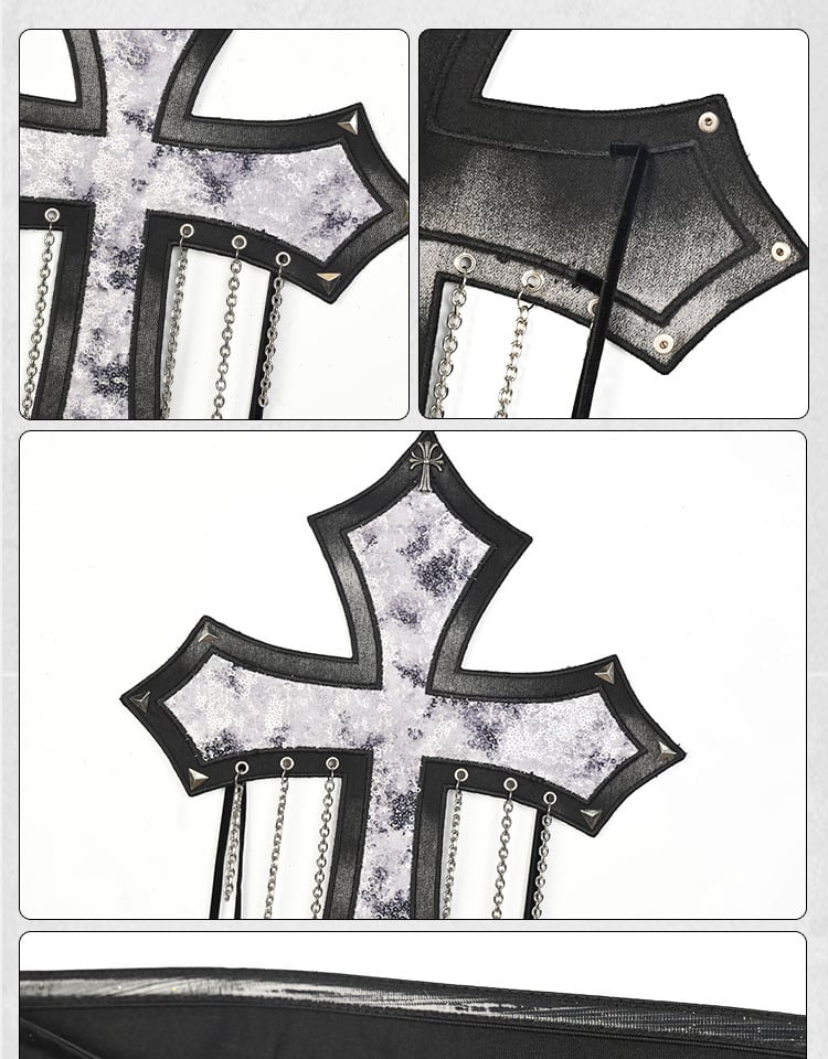 Decorated Cross Strapless Cyberpunk Top Fashion Y3K Chains Futuristic Black  Silver Sequins and