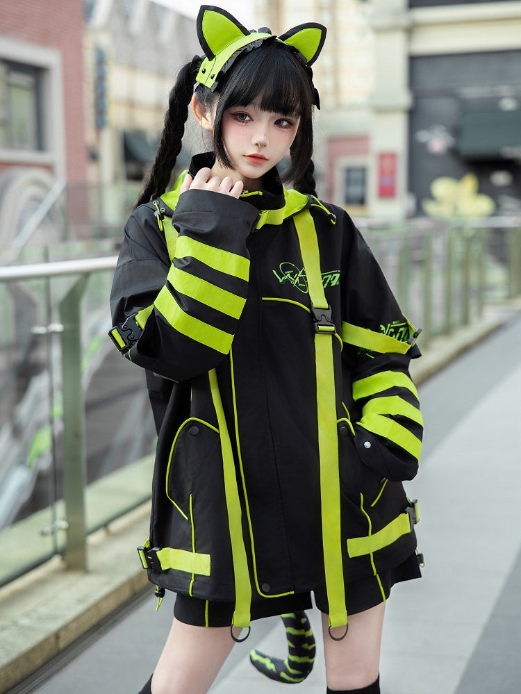 Black and Green Futuristic Cyber Techwear Buckle Straps Cat Ears Hooded Windbreaker Jacket