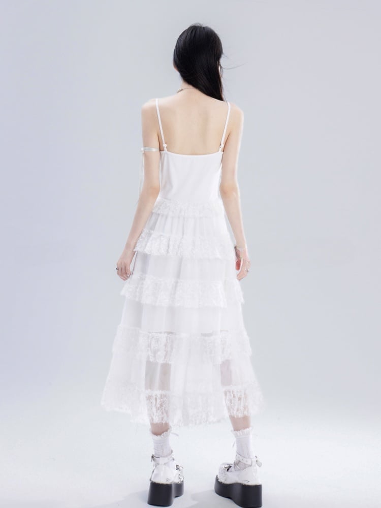 Rock Cami Kleid Taille Kette Süße Weiße Spitze Tiered Frei mit