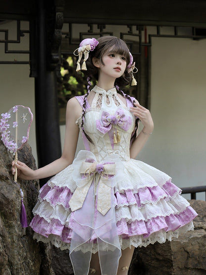スカートドレス ロリータ ホルターネック バスク ウエスト取り外し可能 Qi パープル ティアード