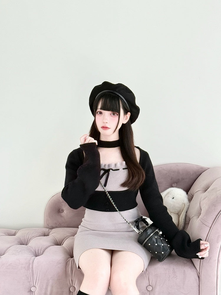 Black and Top Slip in Jirai Kei Refined - Purple Open-Bust Set Dress Style