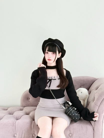 Black and Top Slip in Jirai Kei Refined - Purple Open-Bust Set Dress Style