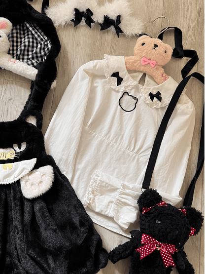 Collar: Kitty Trim Blouse Lace and Sleeve Black Bow Long White Peter with Cutout Pan