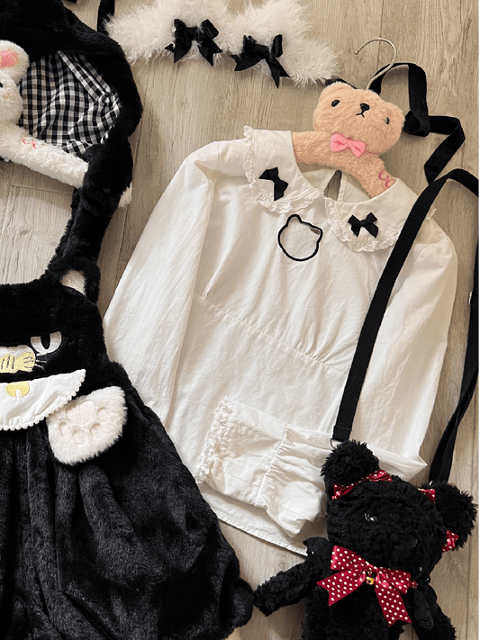 Collar: Kitty Trim Blouse Lace and Sleeve Black Bow Long White Peter with Cutout Pan