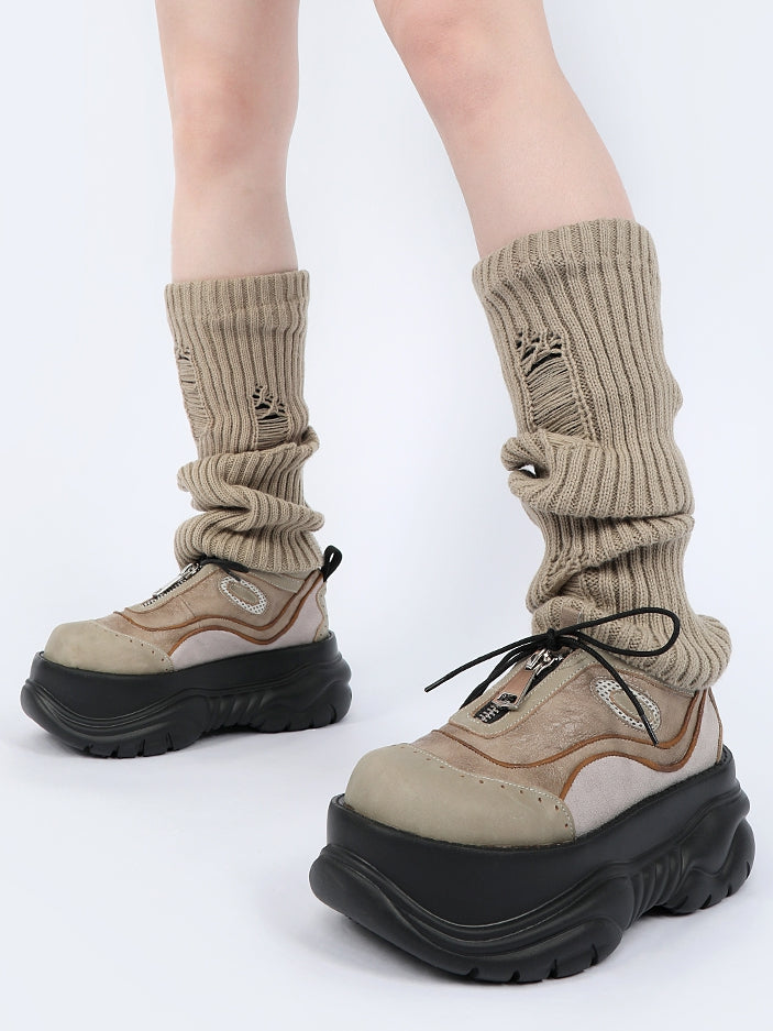 Punk Shoes Strap - with Sole Platform Zip Closure Black Upper Khaki Wasteland Self-tie