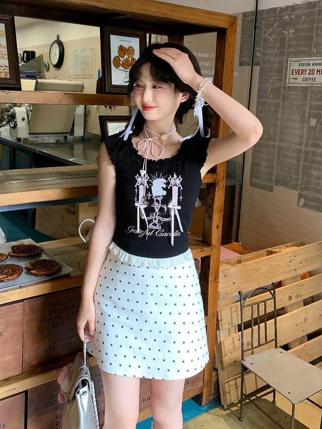 トップタンク ブラック キャンドルスティックプリント レーストリム ビタースウィート