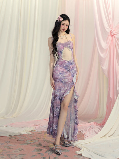 Side Slit Oil Painting Slip Dress Cascading Ruffle Accents Lavender Cutout Detail