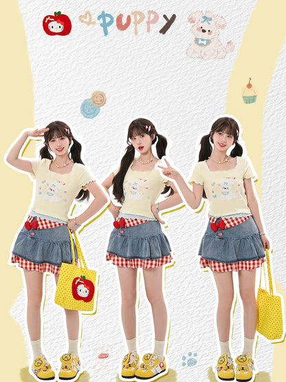 T-Shirt Saum Quadratischer Ausschnitt Apricot Welpendruck Salat