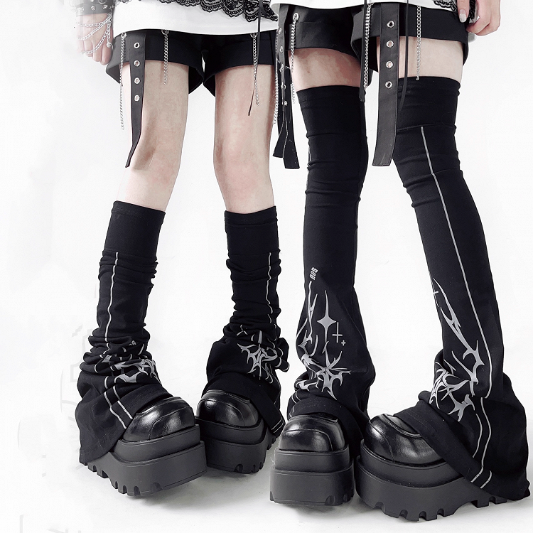 Y2K Print Black Over-the-Knee Flared Leg Warmers