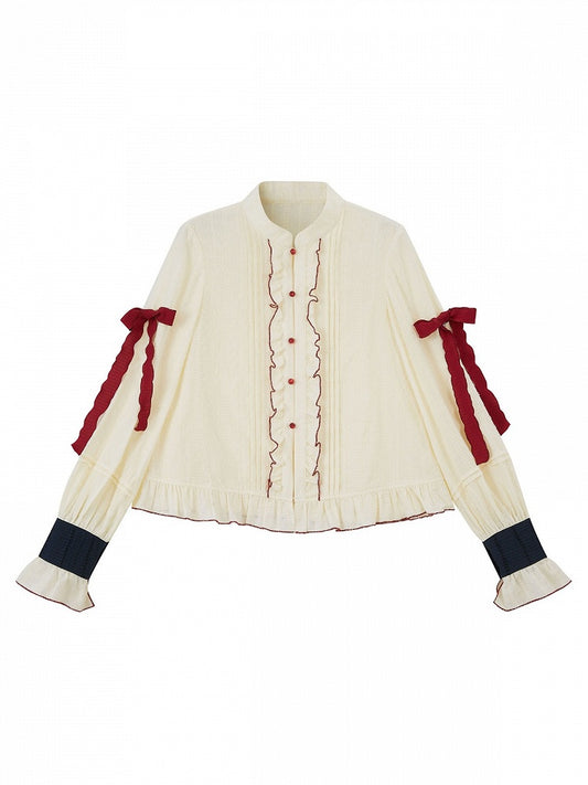 Beige Apple Button Cuffs Long Sleeve Shirt - Zao Jing Ji