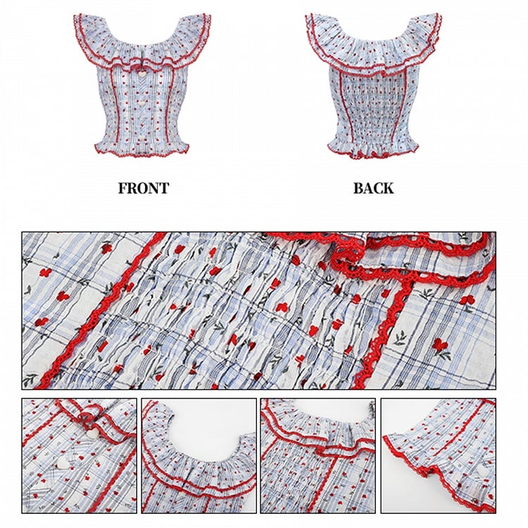 Print Red Floral Off-the-shoulder Top Blue Plaid Neckline