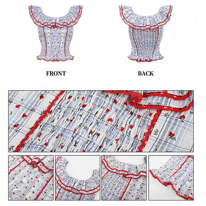 Print Red Floral Off-the-shoulder Top Blue Plaid Neckline