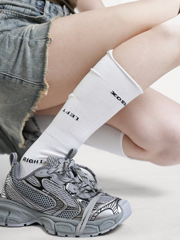 Two-Color Ribbed Calf Socks with Letter Print - ModaSwings