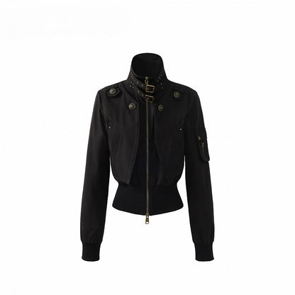 Cinching Waist Neck Lining Vintage Fleece - Jacket Black Mock