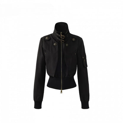 Jacket Cinching Black - Waist Neck Vintage Mock