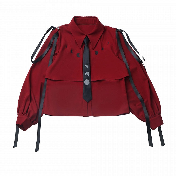 ワインレッド/ホワイトリボンムーンシャツ（ネクタイ付き）