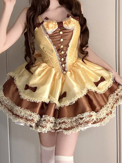 Fluffy Lolita Dress with Yellow Bow Waist Brown Sweet Basque Accents