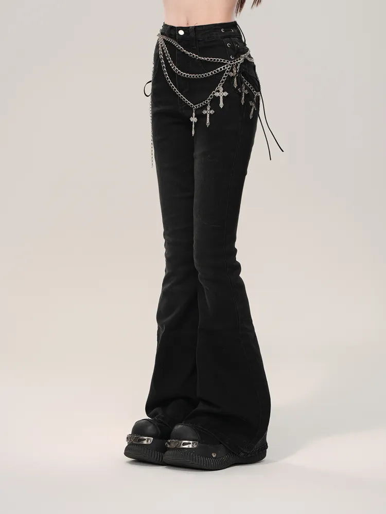 Schwarze Fischschwanz-Schnürhose mit Jeansdetail