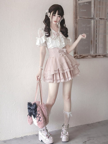 Landmine Style Pink & White Lace Cutout Shoulder Short Sleeve Blouse with Ruffle Details - Ekomi