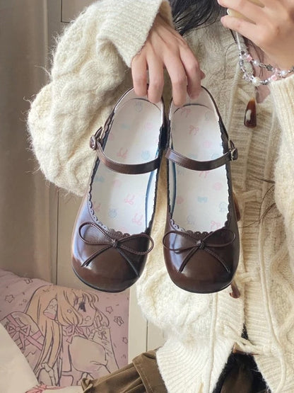 with Bow Toe Sweet Accents Mary Lolita Janes Brown 3cm Low-heel Round