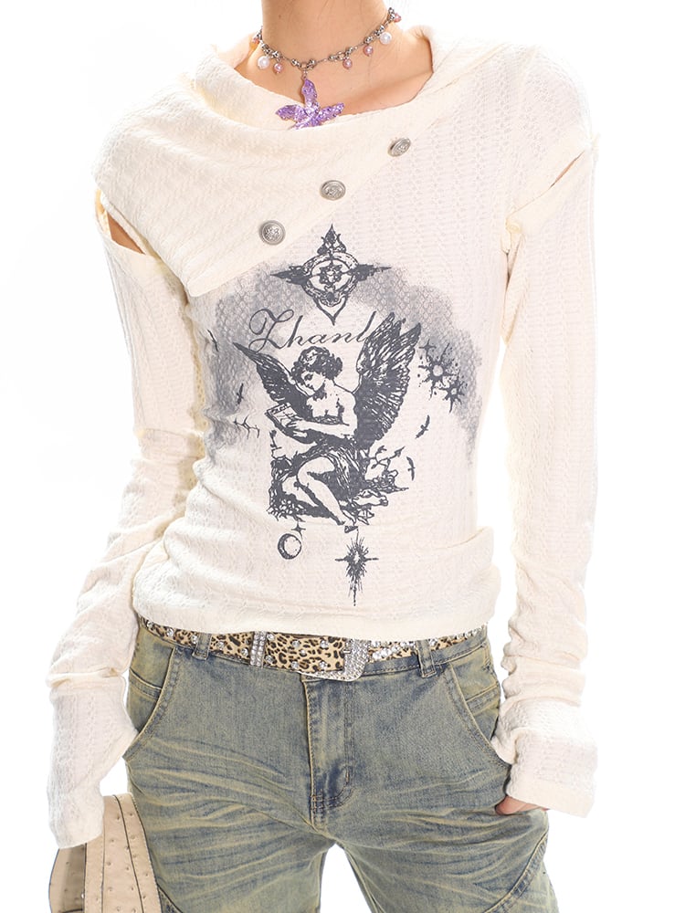 Collar Daily Knit T-shirt with Angel Print Asymmetrical Kawaii Beige