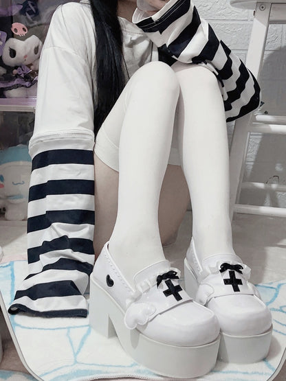 ジライケイ ホワイト ヤミ カワイイ クロス ボウノット プラットフォーム ローファー