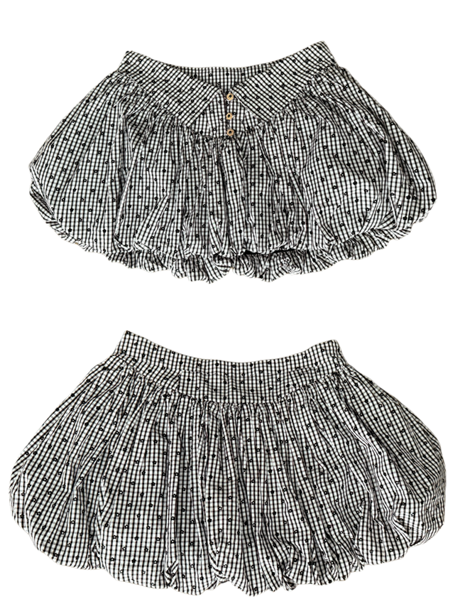 Skirt Floral Pattern with Plaid Bubble Waistband Collar Stand