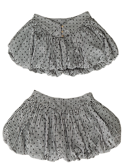 Skirt Floral Pattern with Plaid Bubble Waistband Collar Stand