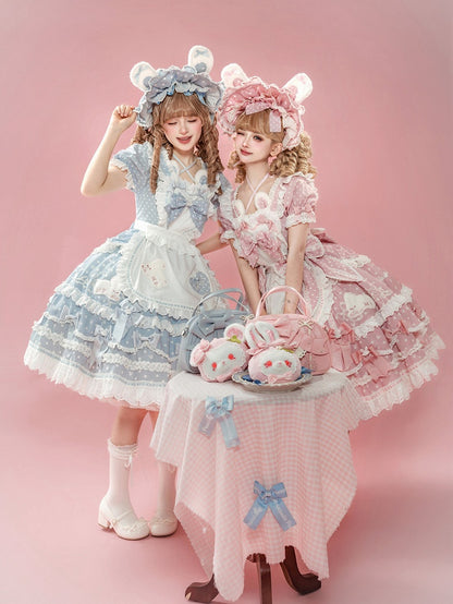 Punkte Blauer Ausschnitt Wunderschönes Quadratisches Kleid mit Hasenmuster Süße Polka-Plüschohren-Version Lolita