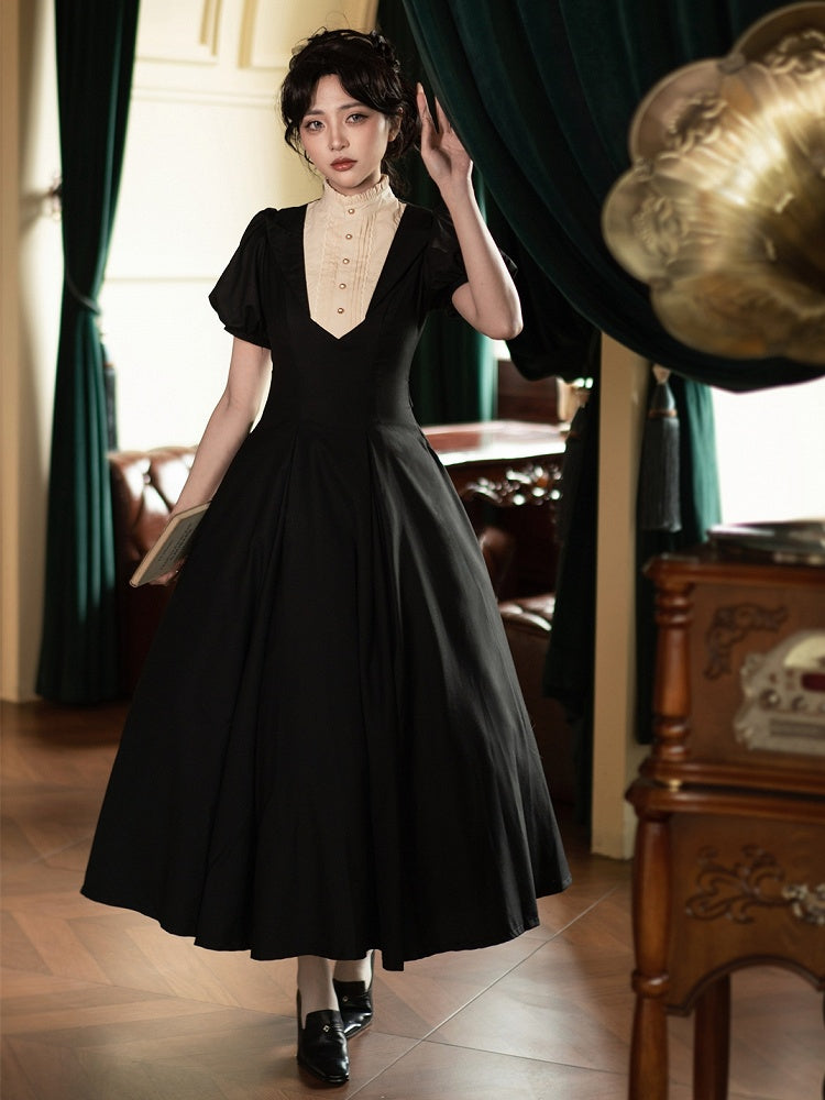 Elegant Neckline Beige Dress Waist One Piece Ruffle Sleeves Short Lolita Slim Black