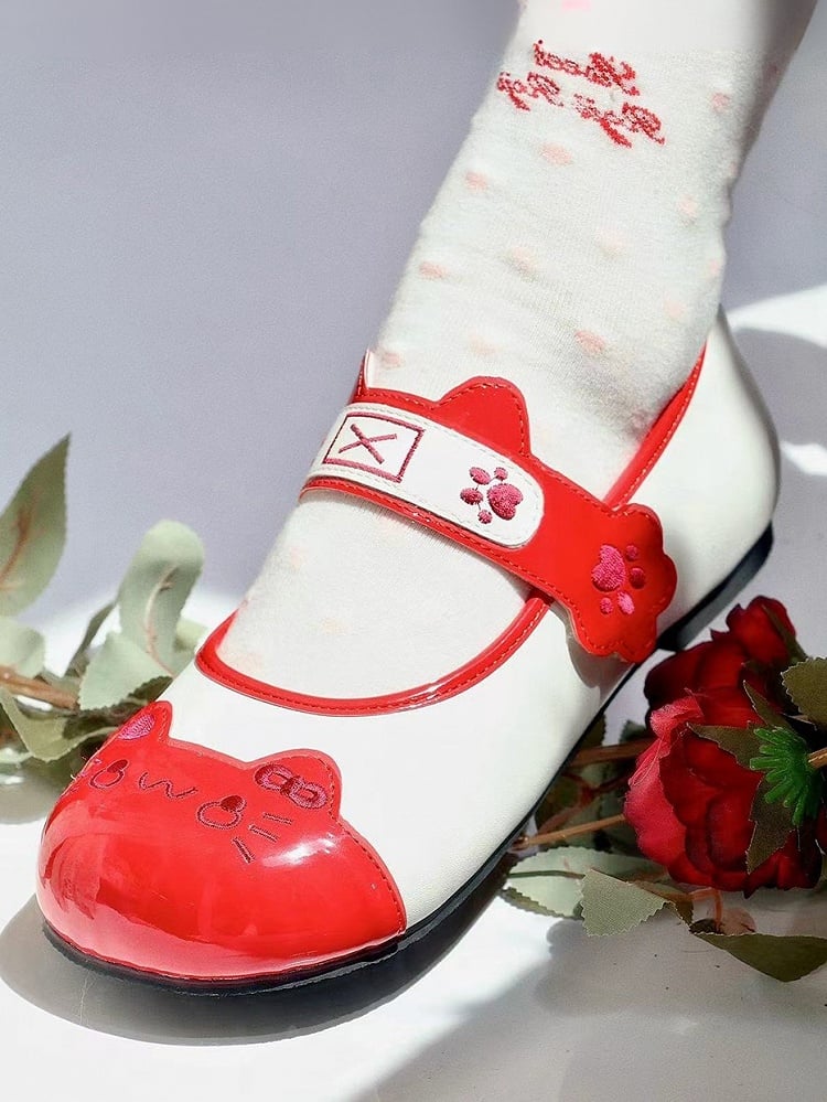 Lolita Design Ear Cat Toe Sweet with Velcro Stitching Red Flats Round Paw