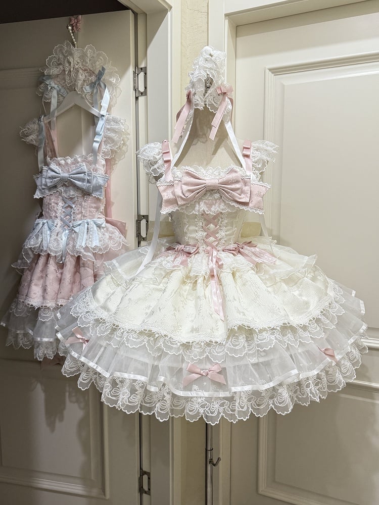 Lace / + Bow Hairband Ruffled JSK Train Princess Dress Apricot Sweet Details with Embossed Jacquard Lolita