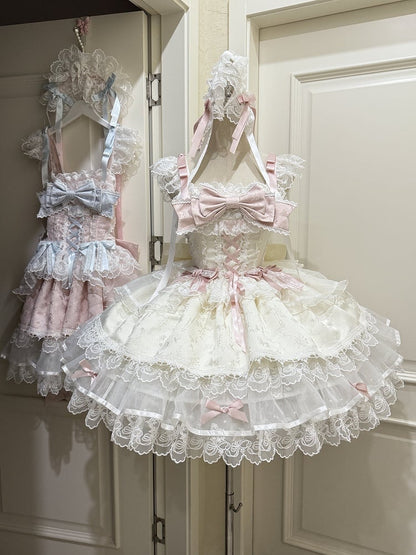 Lace / + Bow Hairband Ruffled JSK Train Princess Dress Apricot Sweet Details with Embossed Jacquard Lolita