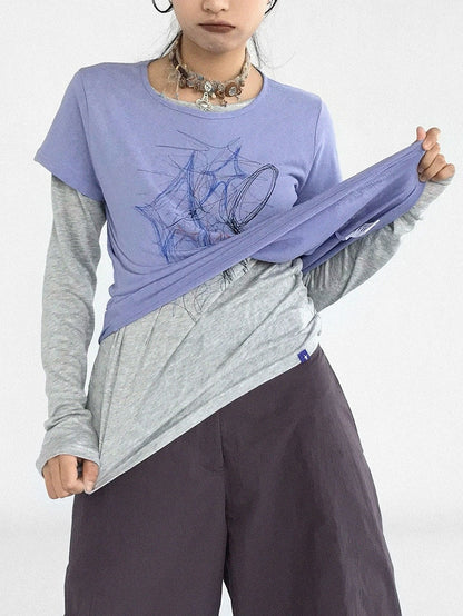 T-Shirt Short Y2K Print Round Version Sleeve Purple with - Graffiti Neck