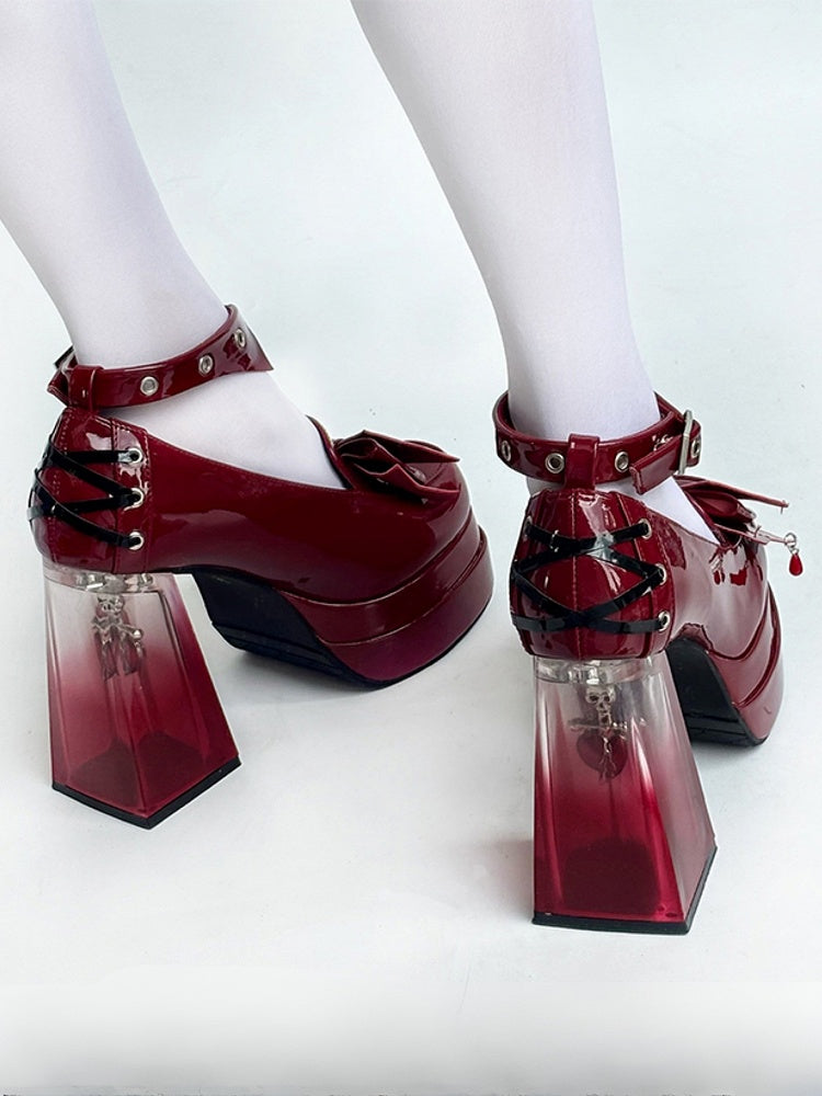 Charms Bat Crisscross and Red Janes Accents Platform Wine Heart Gothic Containing Mary Heel Details Wing with Back - Skeleton