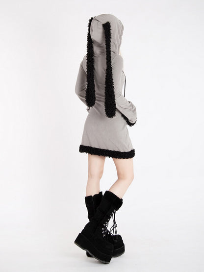 Y2k Gray Bunny Ear Hood Bell Sleeves Plush Trim Dress with Star Straps