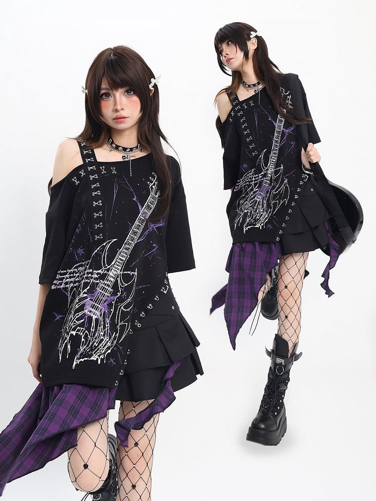 Sweet Black Guitar Print Asymmetrical Shoulder Tee with Slit