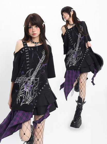 Sweet Black Guitar Print Asymmetrical Shoulder Tee with Slit