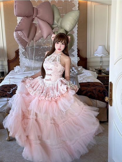 Pink Bow Halter Neck Prom Dress with Tiered Tulle - Diamond Honey