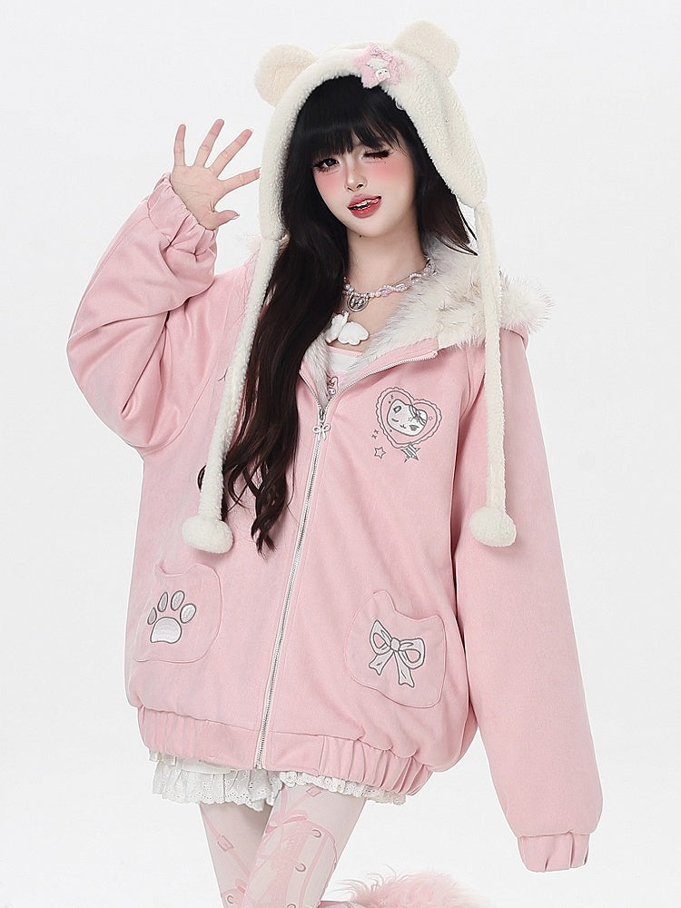 Pocket Kitty Hood Bittersweet Paw Bow Hooded - Ear Embroidery Fleece with Jacket Black/Pink