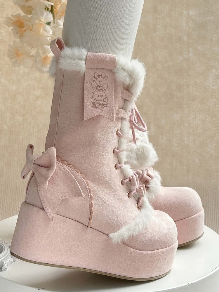 Sweet Lolita Platform Boots Pink Star Heart Bow 4cm Heel