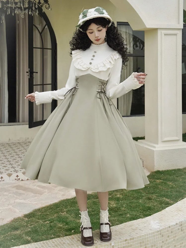 Light Green and Beige Ruffle Neckline Long-Sleeve Spring Classic Lolita Dress Layered-Look